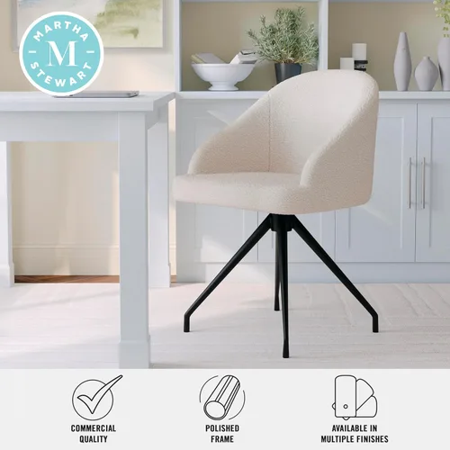 Miniatura 5 de Martha Stewart Silla giratoria fija Sora con brazos inclinados para oficina en casa en blanco bouclé con marco de bronce cepillado al óleo Boucle