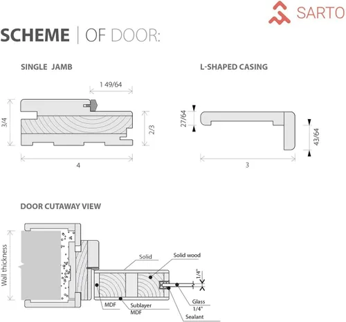 Miniatura 3 de SARTODOORS Puertas dobles francesas macizas de vidrio esmerilado de 36 x 80 pulgadas Quadro 4002 ceniza de chocolate Marcos de panel sólido