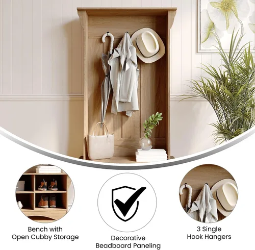 Miniatura 3 de Flash Furniture Árbol de pasillo de cachemira con banco de almacenamiento, almacenamiento inferior ajustable, tablero decorativo con 3 ganchos
