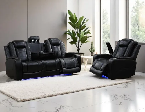 Miniatura 36 de Juego de Sofá Reclinable Eléctrico, Juego de Sofá y Sillón Reclinable de Cuero Negro, Juegos de Muebles de Sala de Estar, Sofá de Dos Plazas