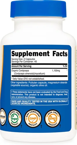 Miniatura 5 de Nutricost Cordyceps - Cápsulas de hongos de 1100 mg, 45 porciones – Certificado CCOF fabricado con orgánico, vegetariano, sin gluten, 550 mg por