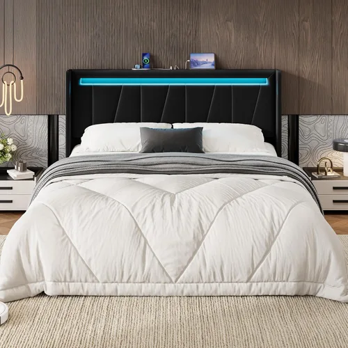 Miniatura 9 de SHA CERLIN - Base de cama Queen con estación de carga y luces LED, cama moderna de plataforma de terciopelo con cabecero tapizado geométrico,