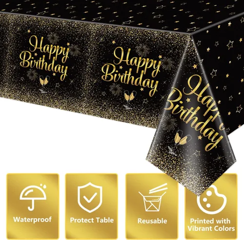 Miniatura 7 de Paquete de 2 manteles de feliz cumpleaños color negro dorado, 51 x 87 pulgadas, desechables, de plástico, rectangulares, color negro y dorado
