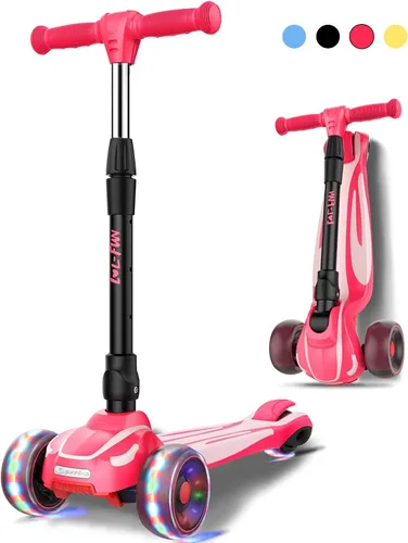 LOL-FUN Scooter para niños de 3 a 12 años de edad con luces LED de 3 ruedas, extra ancho plegable para niños de 3 a 5 años con 4 alturas ajustables
