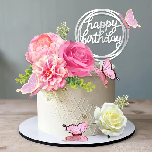 14 PCS Adornos para Pasteles de Flores Decoraciones de Pastel de Mariposa Adornos para Pastel de Feliz Cumpleaños con Flores de Rosa Rosa