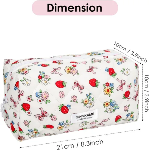 Miniatura 6 de SINOKAME Bolsa de maquillaje acolchada, bolsa de cosméticos hecha a mano de fresa, estuche organizador de maquillaje floral de coqueta, organizador