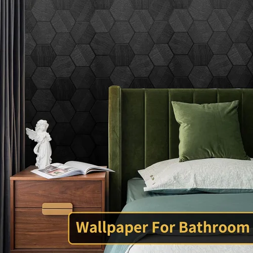 Miniatura 4 de Papel tapiz autoadhesivo negro autoadhesivo de 15.7 x 118 pulgadas, papel de contacto con relieve geométrico hexagonal 3D, extraíble, fácil