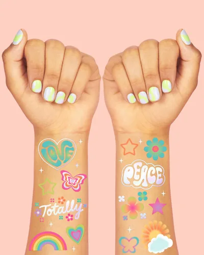 Miniatura 3 de xo, Fetti Tatuajes temporales Groovy Rainbow – 68 piezas de papel de aluminio iridiscente Accesorio de cumpleaños de los años 70, recuerdo