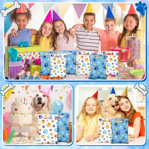 Miniatura 6 de Pasimy 100 bolsas de regalo de pata de perro a granel, diseño de pata de mascota, bolsas de plástico con asa para decoración de fiesta de cumpleaños