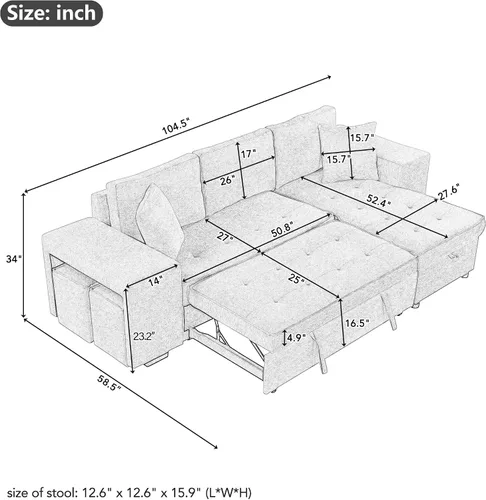 Miniatura 2 de Sofá cama modular reversible de 104.5 pulgadas con cama extraíble, sofá modular convertible en forma de L con diván de almacenamiento y 2 taburetes