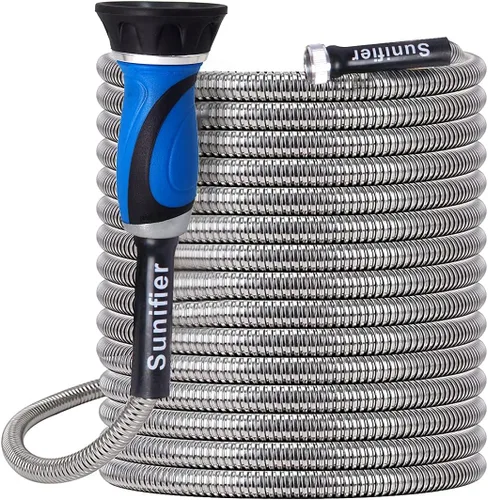 Miniatura 10 de Manguera de jardín de metal de 25 pies, manguera de jardín flexible de acero inoxidable ligera, manguera de agua resistente con boquilla de alta