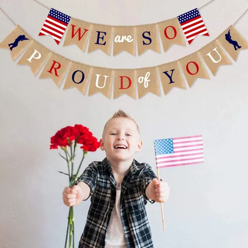 Miniatura 7 de Decoraciones para fiesta del Día de los Veteranos, bandera estadounidense con la frase "We Are so Proud of You", con soldados patrióticos, Día
