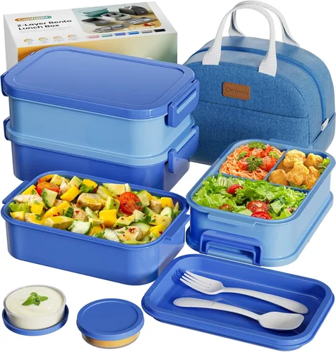 Miniatura 12 de Caja Bento para Adultos con Bolsa de Almuerzo Aislada, Capacidad de 74 oz, 3 Cajas Bento Apilables a Prueba de Fugas con Utensilio y Salsa