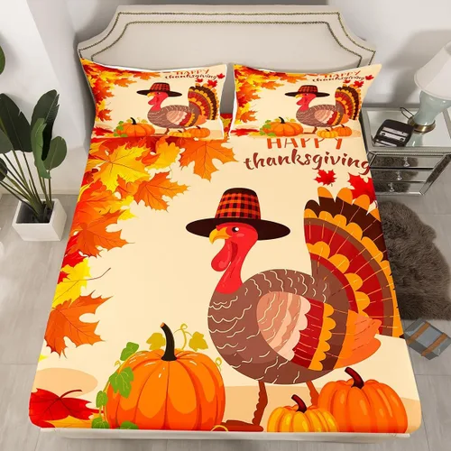 Miniatura 11 de Manfei Sábana bajera ajustable de calabaza otoñal, tamaño individual, juego de ropa de cama floral de hojas verdes, 2 piezas para decoración