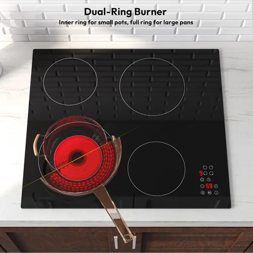 Miniatura 3 de Empava Cocina eléctrica de 24 pulgadas, 4 quemadores con zona de doble anillo, temporizador, bloqueo para niños, parar y continuar, vidrio cerámico