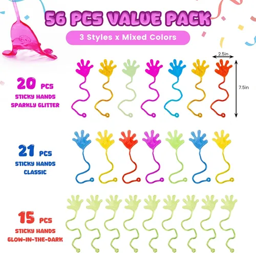 Miniatura 7 de POPLAY 56 unidades de manos pegajosas para fiestas, manos pegajosas brillantes y brillantes, juego de recuerdos de mesa para niños, bolsas
