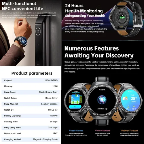 Miniatura 6 de GT97 - Reloj inteligente 2 en 1 con auriculares TWS de 1.53 pulgadas, 128 MB, redondo, impermeable, música, MP3, altavoz, NFC, reloj inteligente