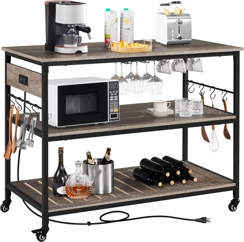 Miniatura 12 de Yaheetech Carrito de isla de cocina con toma de corriente, carritos de cocina con ruedas con almacenamiento, soporte de microondas de 3 niveles