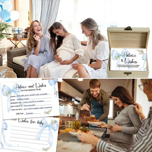 Miniatura 4 de 50 piezas de tarjetas azules de lazos para consejos de baby shower para juegos de baby shower, caja de tarjetas de consejos y deseos de lazos
