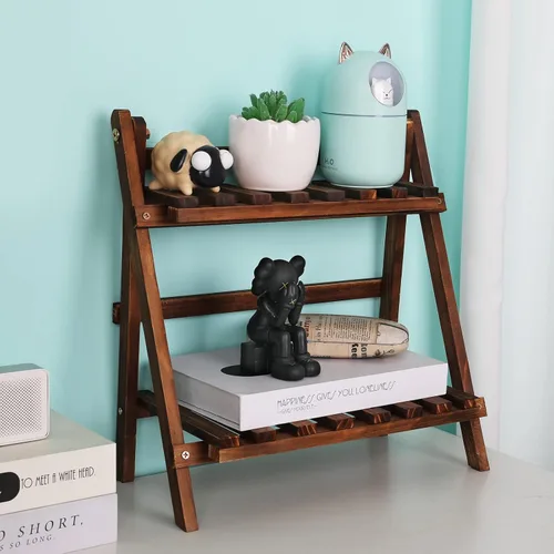Miniatura 7 de Jotsport Soporte de mesa de 2 niveles para plantas, estilo escalón, organizador de almacenamiento de escritorio, estante de exhibición de madera