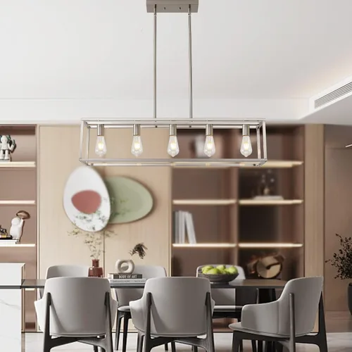 Miniatura 4 de 5 luces de isla de iluminación de níquel cepillado para comedor, lámpara colgante de granja moderna isla de cocina, iluminación lineal de granja