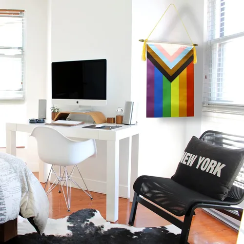 Miniatura 7 de CANTENDO Paquete de 2 banderas de pared con diseño de arco iris del progreso del orgullo progresivo, bandera colgante gay LGBTQ con poste colgante