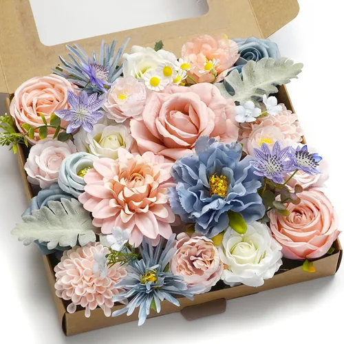 Miniatura 7 de Juego de caja de flores artificiales moradas, combo de rosas falsas y dalias para manualidades, boda, centro de mesa, buqué de novia, baby shower