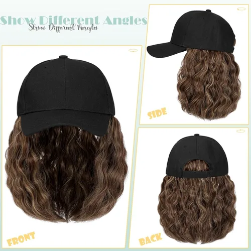 Miniatura 3 de Peluca de gorra de béisbol para mujer, gorra de béisbol con extensiones de cabello, gorra ajustable adjunta de 15 pulgadas, peluca sintética corta