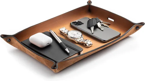 Miniatura 19 de Main Street Forge Bandeja de valet de cuero para hombre, organizador rústico EDC para llaves, teléfono y cartera, fabricado en Estados Unidos