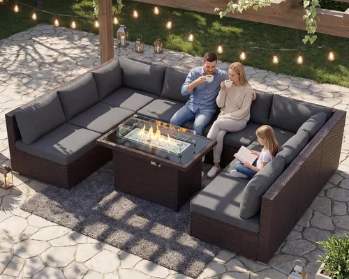 Miniatura 106 de NICESOUL Juego de muebles de patio para exteriores de 7 piezas con mesa para hoguera, gas natural y propano convertible, respaldo alto de 29.3