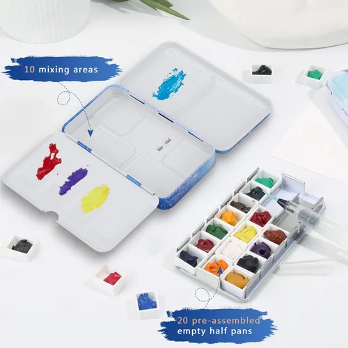 Miniatura 6 de PEVART Paleta de acuarela de lata de metal, Estuche vacío de pintura con 50 piezas de sartenes vacías y un lápiz de acuarela adecuado para paleta