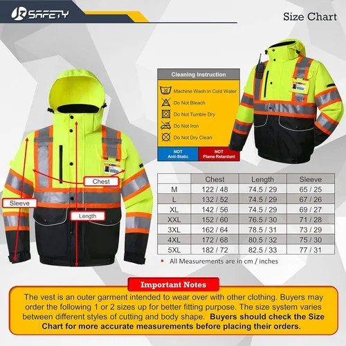 Miniatura 7 de JKSafety Chaqueta bomber de invierno reflectante 3M impermeable de alta visibilidad con 10 bolsillos Parte inferior amarillo neón negro Bolsillo