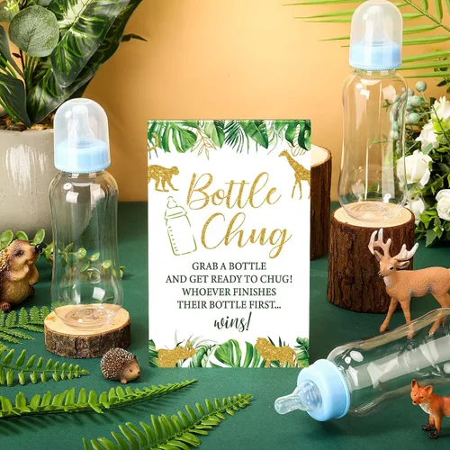 Miniatura 5 de TrelaCo Safari Cool Baby Shower Games Bottle Chug Sign Wooden Jungle Animals Set de regalo para revelación de género suministros de fiesta y 12