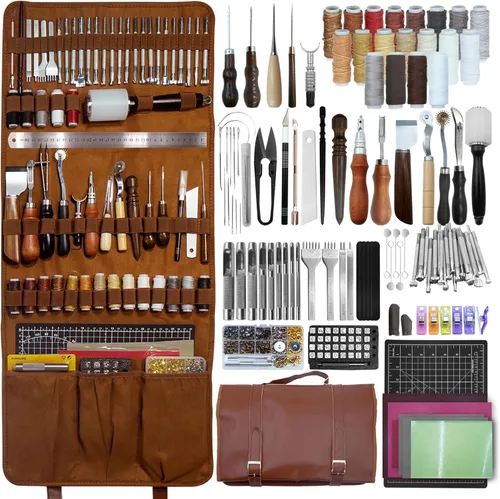 FIOQE Kit de herramientas de cuero, herramientas de artesanía de cuero, 588 piezas, juego de bricolaje con bolso para bolsa, cinturón, cartera,
