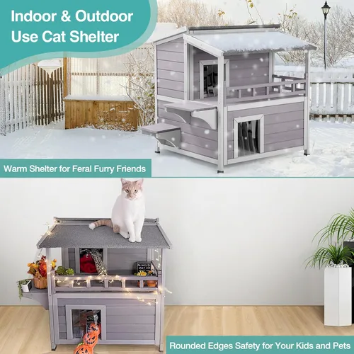 Miniatura 7 de Casa climatizada para gatos al aire libre, refugio aislado resistente a la intemperie de 2 pisos para invierno, almohadilla lavable desmontable