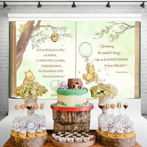 Miniatura 2 de Fondo vintage Pooh Bear Baby Shower Género Neutral Retro Libro Gigante Árbol Primavera Fondo Clásico Recién Nacido Cita Globo Verde Banner 5x3 ft 144