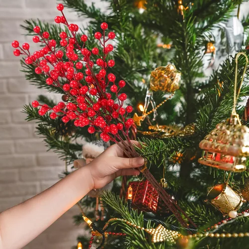 Miniatura 3 de 12 tallos de bayas de Navidad, púas de bayas artificiales de 20.5 pulgadas, púas de árbol de Navidad y aerosoles, ramas de bayas de acebo para Dorado