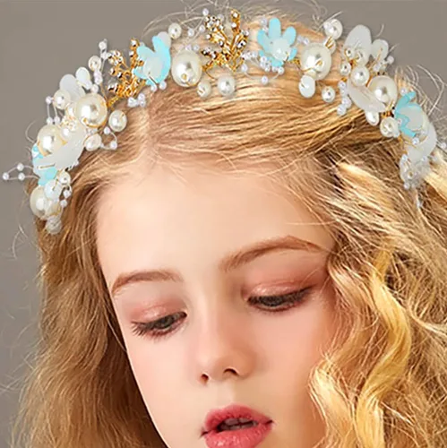 Miniatura 6 de Campsis Diadema para niñas con perlas y flores, diadema de boda de cristal azul, accesorios para el cabello para niñas