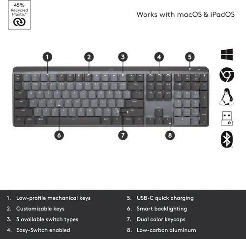 Miniatura 6 de Logitech MX Teclado inalámbrico iluminado mecánico de tamaño completo, lineal y MX Master 3S Performance Wireless Bluetooth Mouse Bundle, macOS