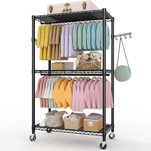 Miniatura 14 de Perchero de ropa resistente, perchero portátil de metal con estantes ajustables de 3 niveles, estantes de ropa independientes para colgar ropa