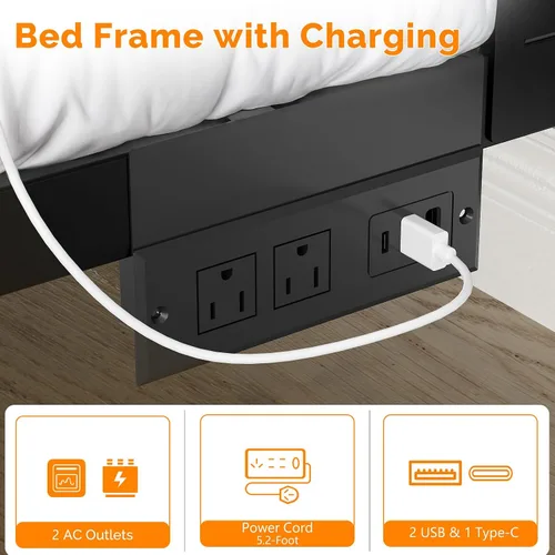 Miniatura 4 de VINGLI Base de cama de plataforma individual con cabecero y estribo LED, estación de carga USB, cama de panel de metal con espacio de almacenamiento