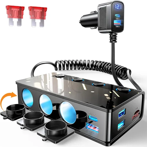 Divisor de encendedor de cigarrillos 9 en 1, adaptador de encendedor de cigarrillos de 191 W con 2 PD/QC3.0, interruptores independientes de 24 V 12