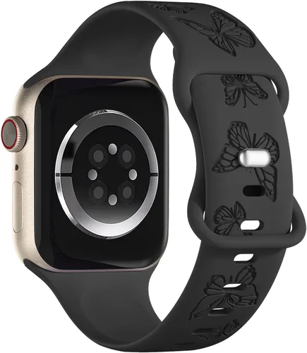 Miniatura 2 de Bandas con grabado de mariposa compatibles con Apple Watch de 41mm 40mm 38mm 49mm 46mm 49mm 46mm 45mm 44mm 42mm, mujeres, correa deportiva de Negro