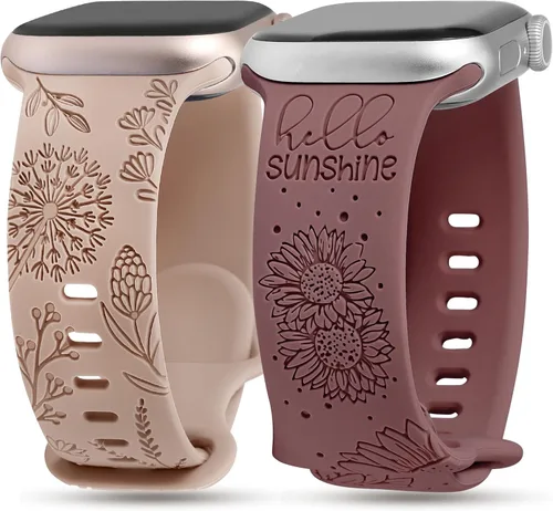 Miniatura 7 de Minyee Paquete de 2 correas grabadas florales compatibles con Apple Watch Band de 38/40/41/42/44/45/46/1.929 in para mujer, bonita correa