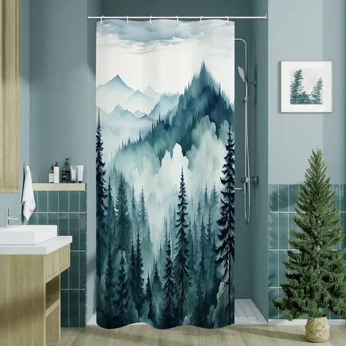 Miniatura 10 de Litabel - Cortina de ducha negra pequeña de 36 x 72 pulgadas, diseño de bosque de pino neblinoso, cortinas de ducha estrechas de medio
