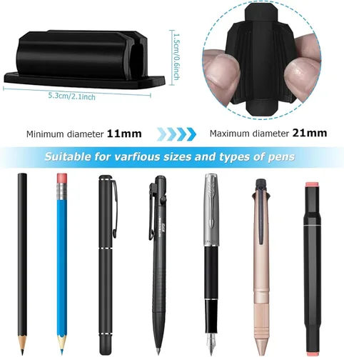 Miniatura 2 de Paquete de 10 soportes adhesivos para bolígrafos para escritorio, soporte de silicona para aula, accesorios para profesores y estudiantes, Negro