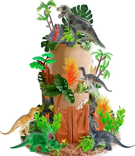 18 adornos de dinosaurio para tartas con huevos de dinosaurio, hojas, árboles, decoración de pasteles para animales salvajes, cumpleaños temáticos