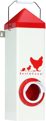 RentACoop Alimentador de pollo de un solo puerto sin BPA de tiro alto de 10 libras, incluye tapa anti-gallina, capucha de lluvia y accesorios de