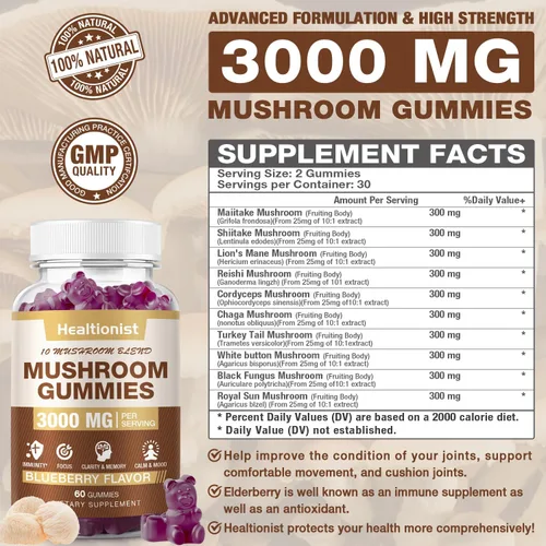 Miniatura 2 de 3000 mg - Gomitas complejas de hongos, 10 mezclas, gomitas de melena de león para adultos, Cordyceps, Shiitake, Reishi, Chaga, cerebro, apoyo
