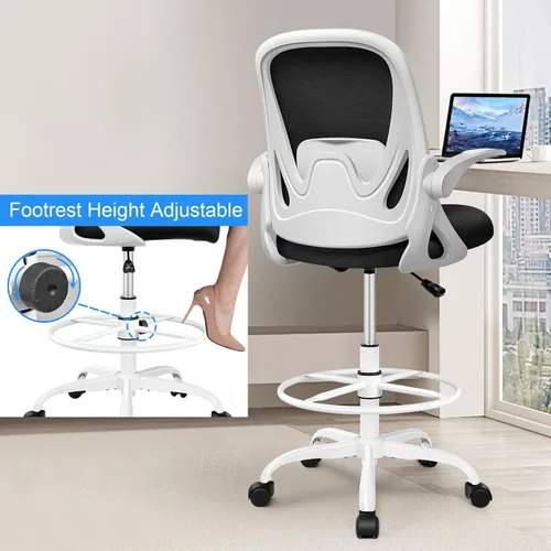 Miniatura 4 de Silla de dibujo alta de oficina con reposabrazos abatibles, altura ajustable y soporte lumbar mejorado, taburete ergonómico rodante, soporte